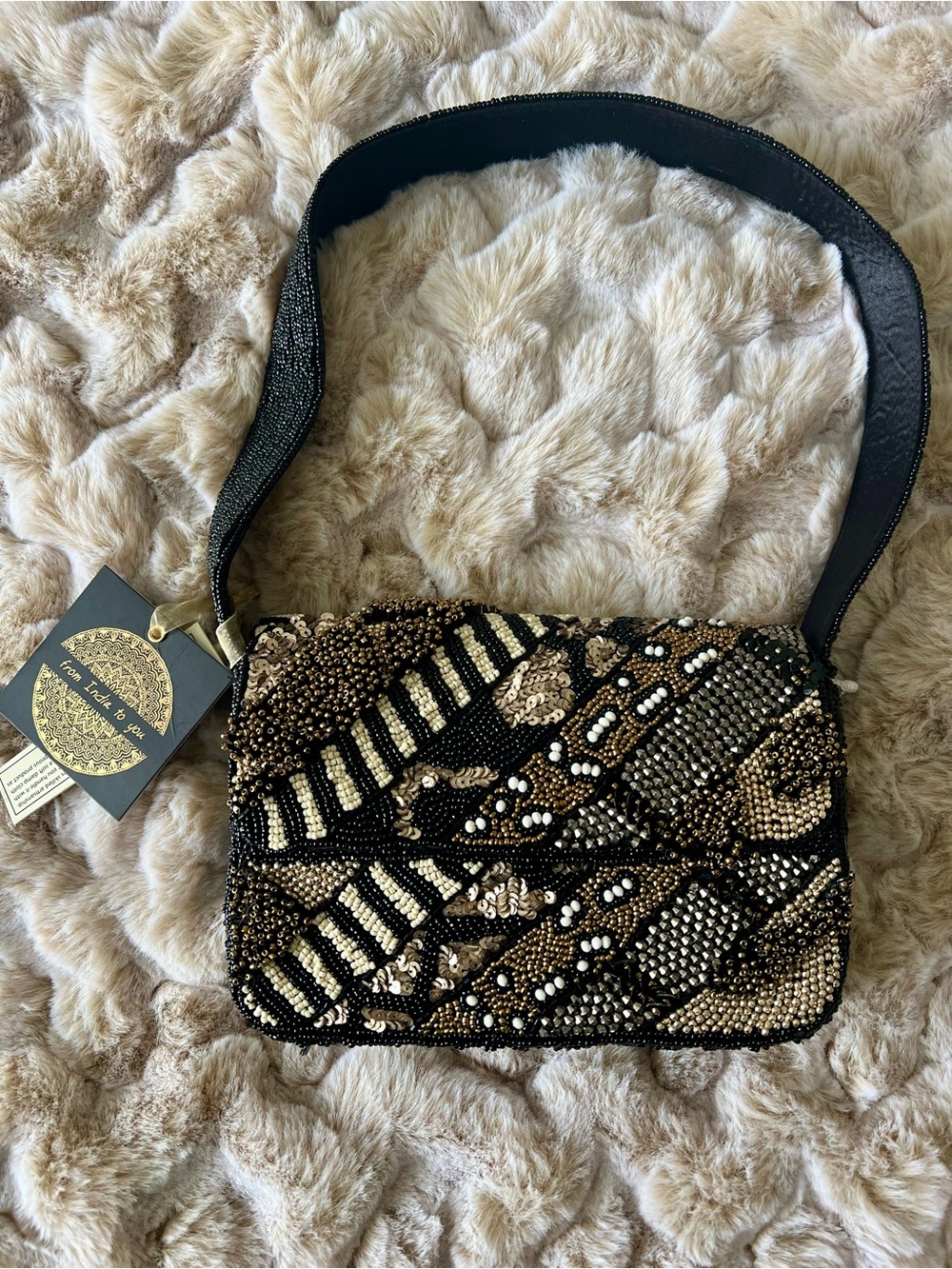 NWT Embellished Black & Gold Beaded Shoulder Bag